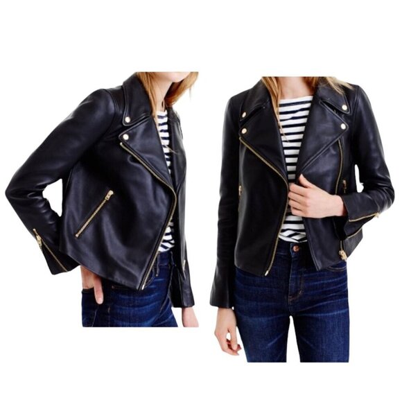 J. Crew Collection Leather Moto Jacket Navy, Size 2 - Picture 1 of 16